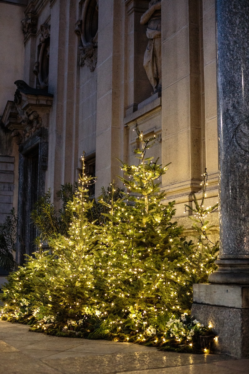 Christmas trees decorated with warm lights outside a monumental historic building - ACCAELLE Events | Organizzazione eventi e Wedding planner