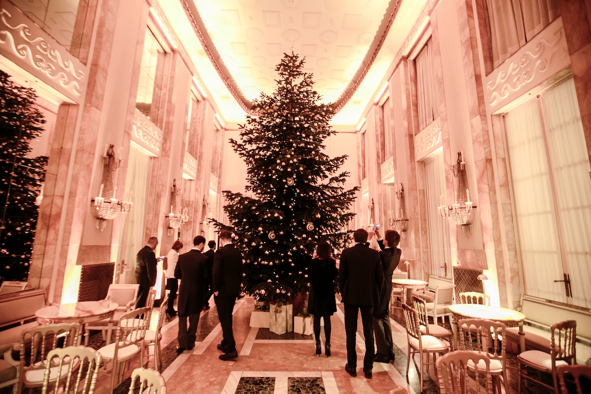 Elegant reception hall of a historic building decorated with a large Christmas tree, set up for an exclusive event - ACCAELLE Events | Organizzazione eventi e Wedding planner