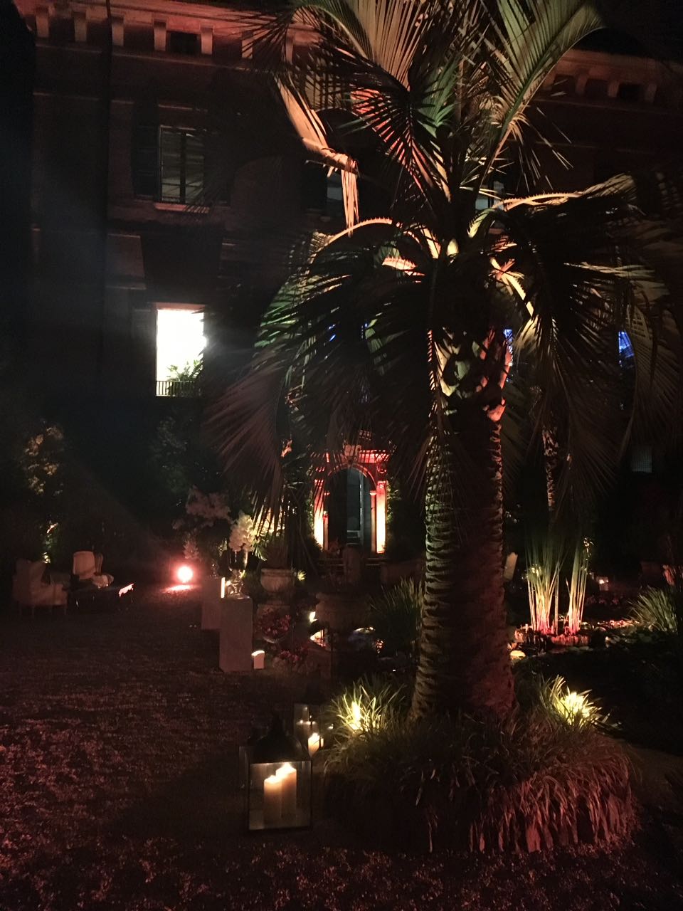 Illuminated palm tree in the center of a courtyard during an evening event - ACCAELLE Events | Organizzazione eventi e Wedding planner