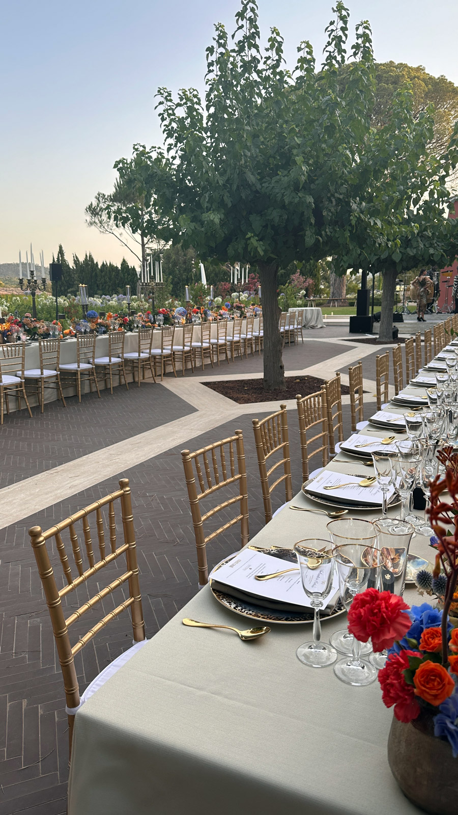 A table set up in the garden in the shade of a tree with light wooden chairs. - ACCAELLE Events | Organizzazione eventi e Wedding planner