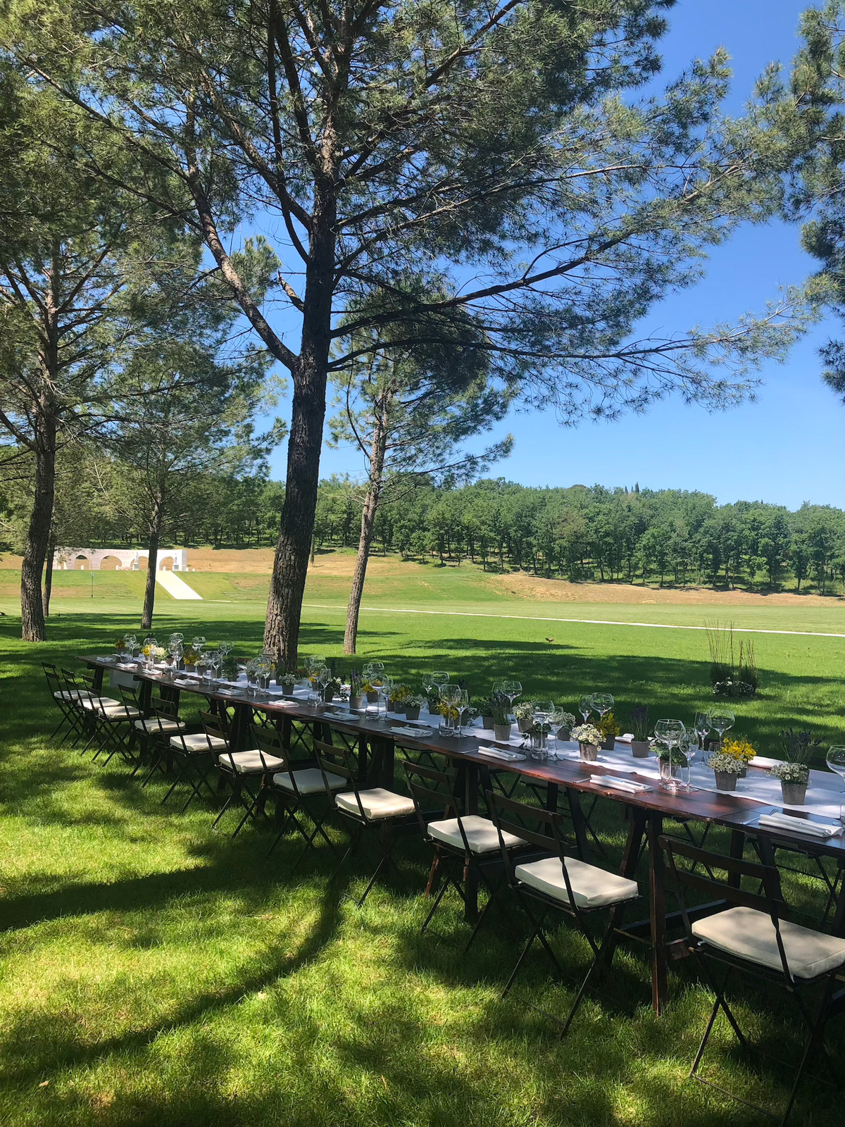 Lunghissimo tavolo allestito all'aperto su un prato verde all'ombra degli alberi. - ACCAELLE Events | Organizzazione eventi e Wedding planner